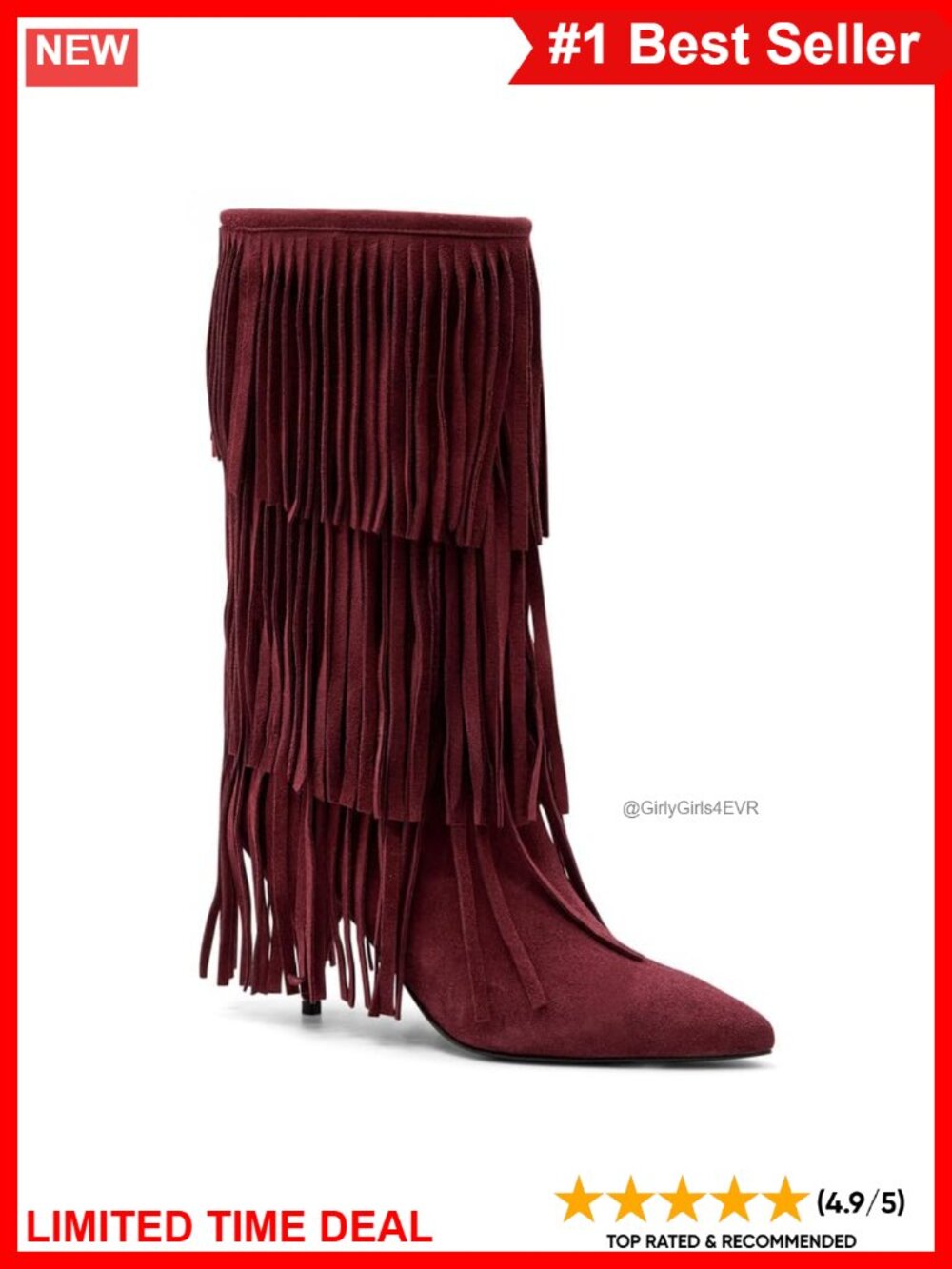 Suede Fringe Knee High Cowgirl Boots Kitten Heel Pointed Toe